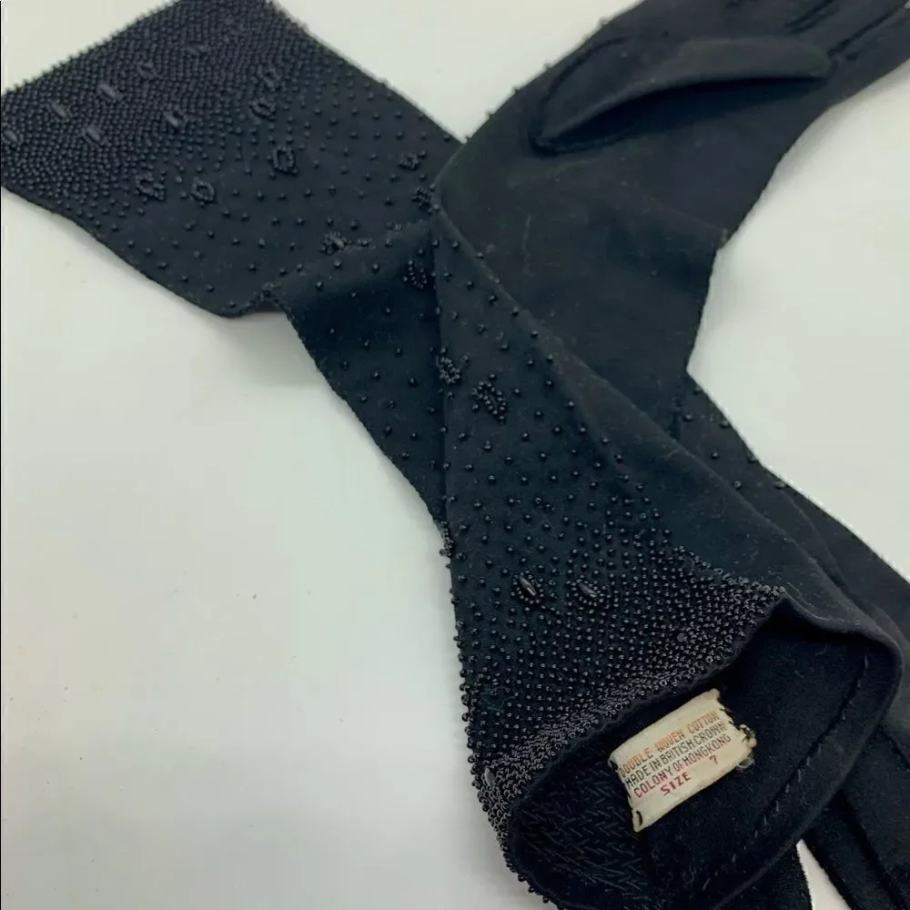 Black Beaded Detail Handmade Vintage Gloves